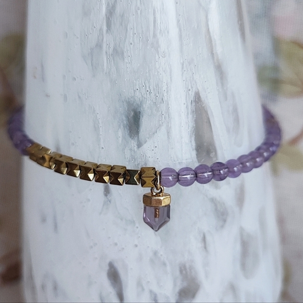 Amethyst Bullet Beaded Delicate Dainty Glass Memory Wire Bracelet